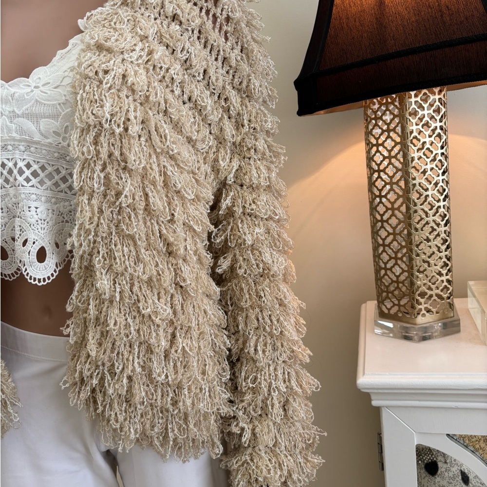 Beige Textured Fringe Open Front Jacket - Picture 4 of 10